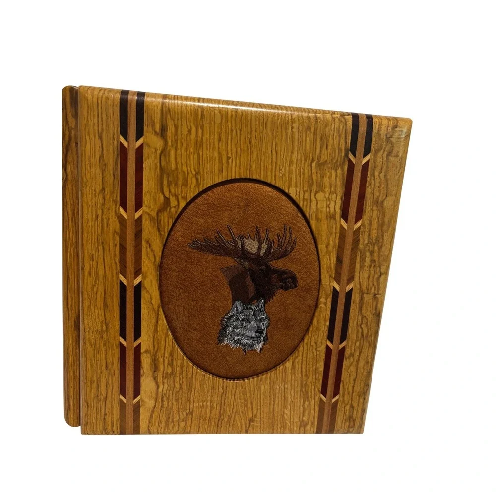 Unique Handcrafted Wood Photo Album Binder‎ Moose Wolf Inlay Cabin Rustic Unique